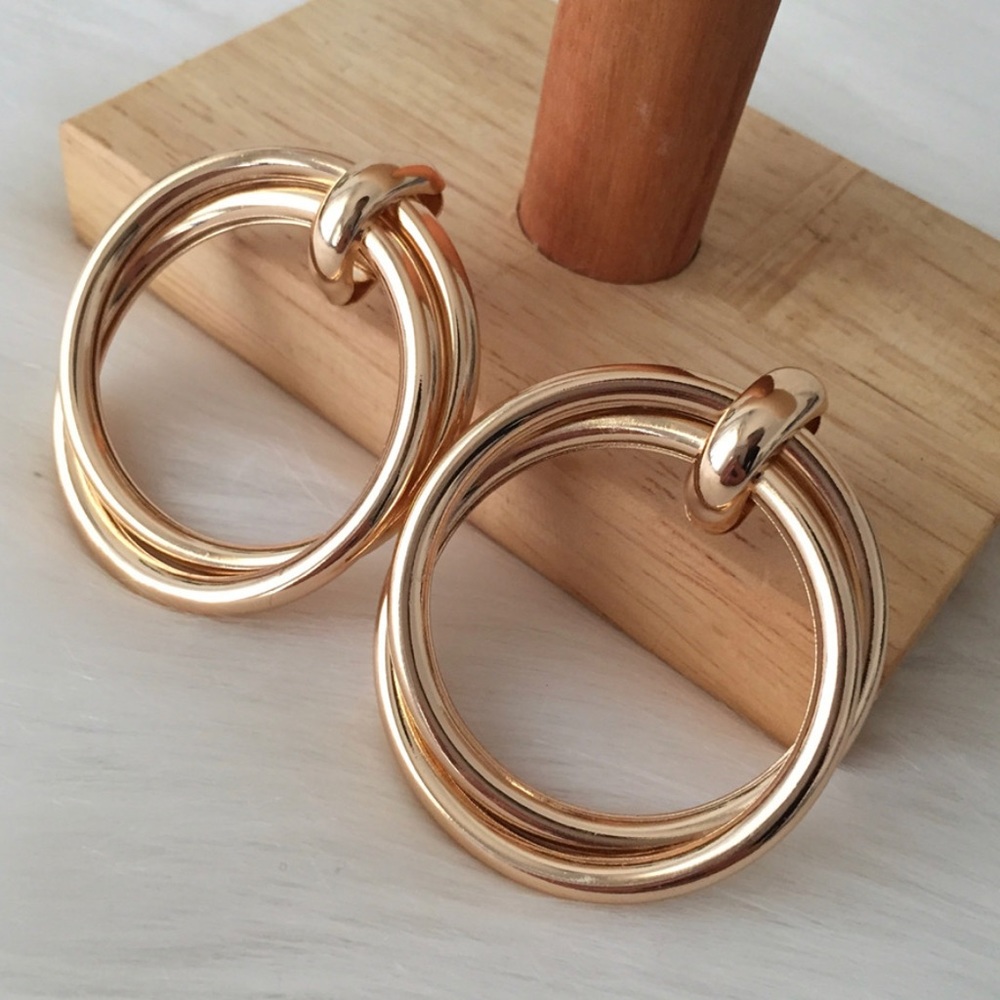 Gold Double Circle Drop Earrings